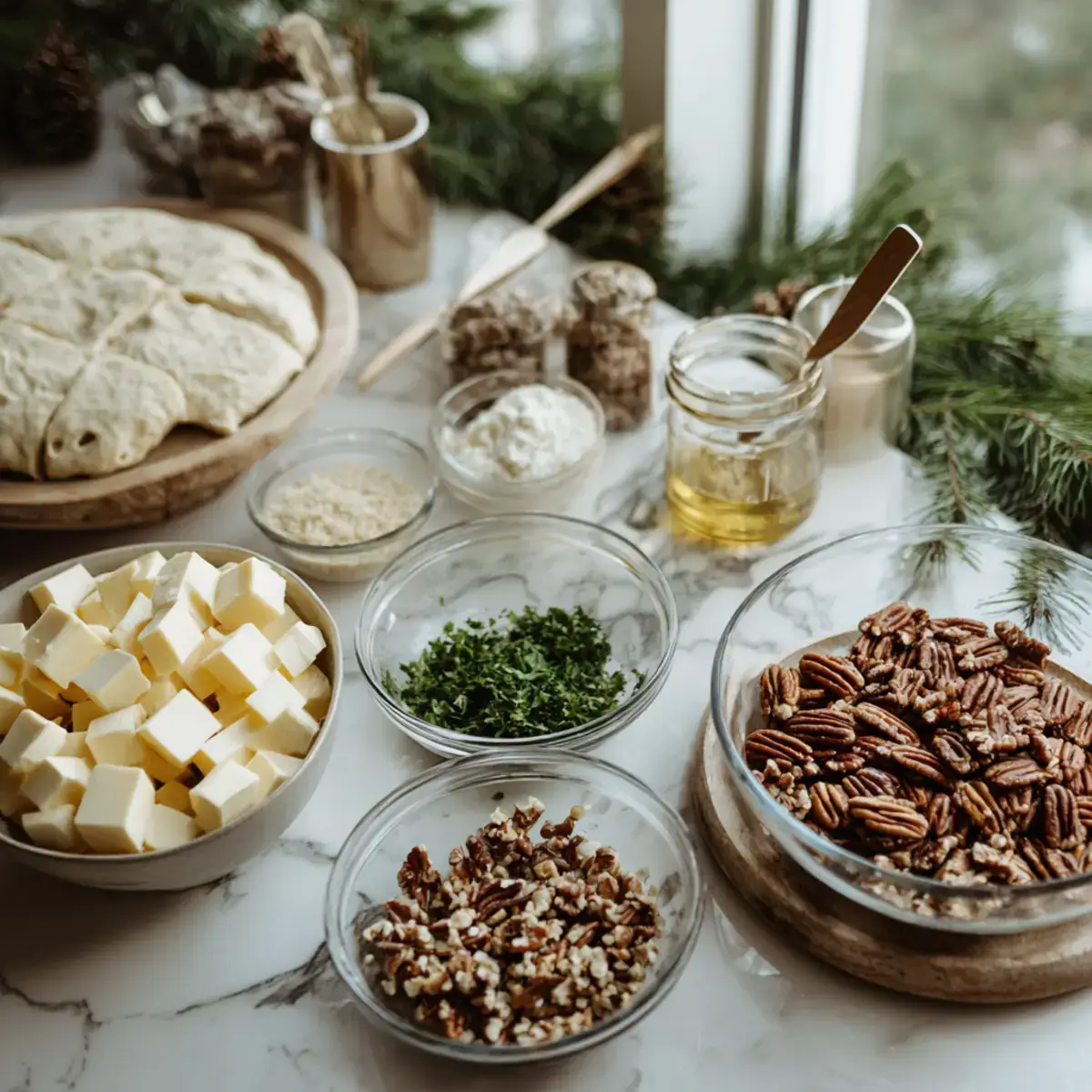 Ingredients for Golden Brie-Filled Garlic Knot Holiday Wreath