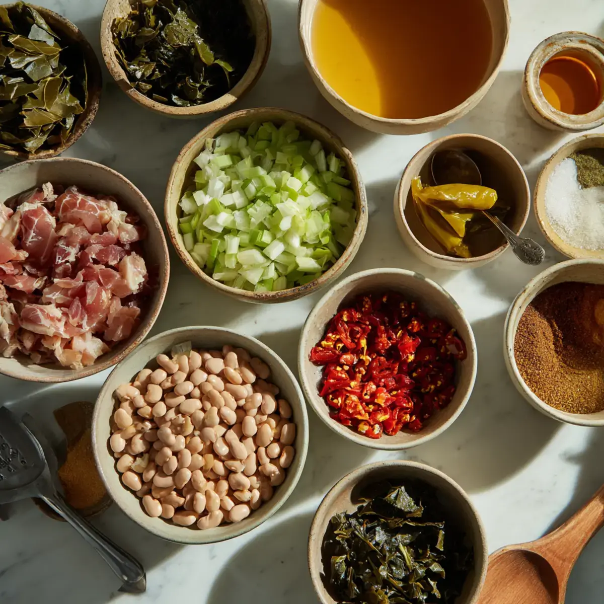 ingredients for 15 bean soup with smoked turkey tails & collard greens