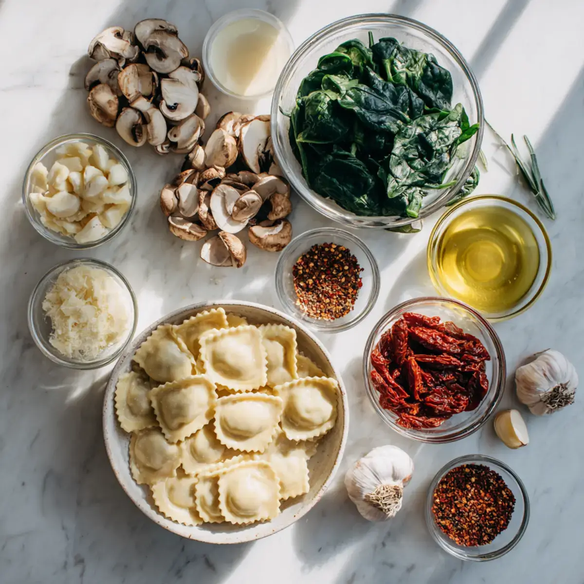 Ingredients for Cheesy Ravioli with Spinach, Mushrooms, and Sun-Dried Tomatoes