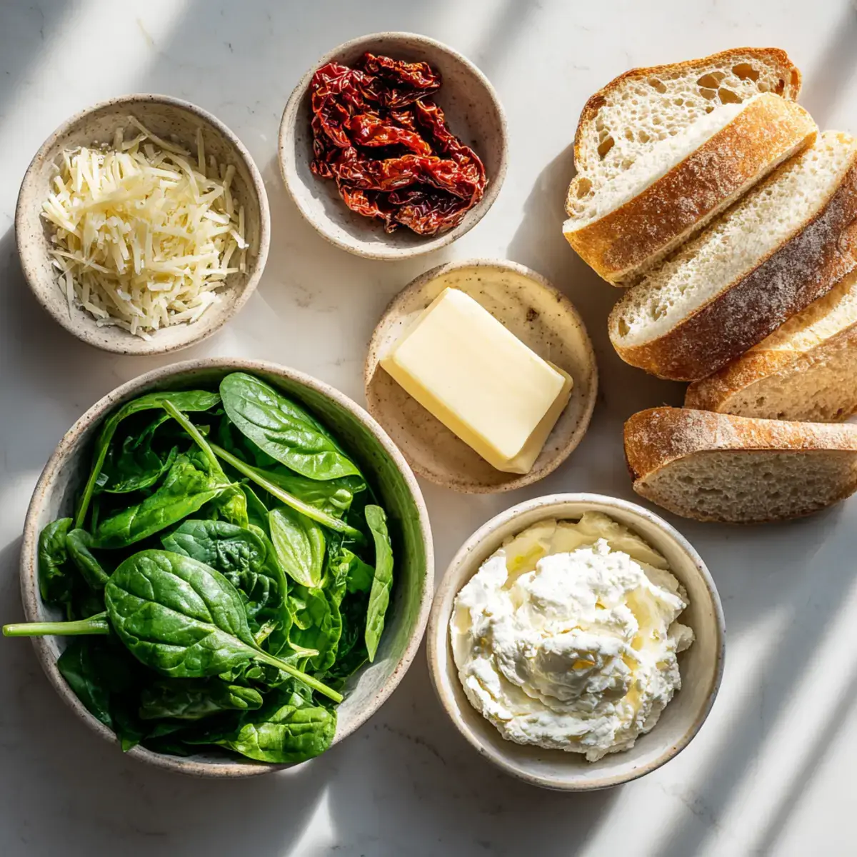 Ingredients for Sun-Dried Tomato Spinach Ricotta Grilled Cheese