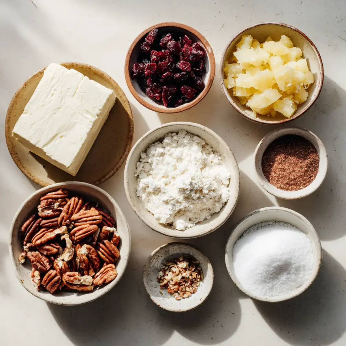 ingredients for mini pineapple cranberry cheese balls with pecans