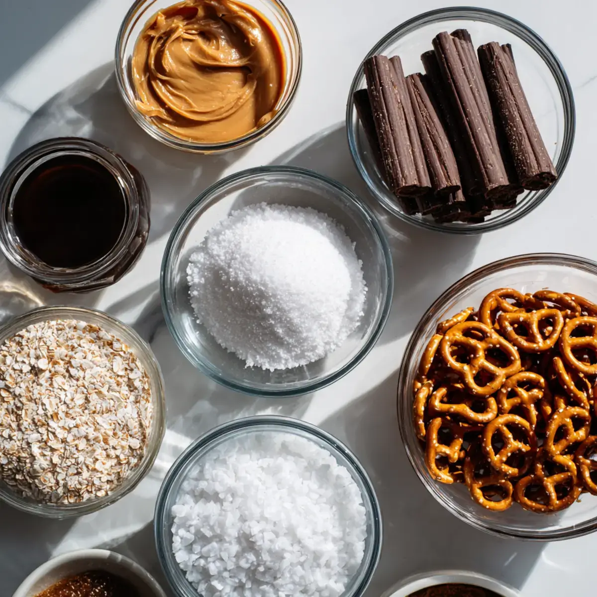 Ingredients for no-bake peanut butter pretzel clusters laid out on counter