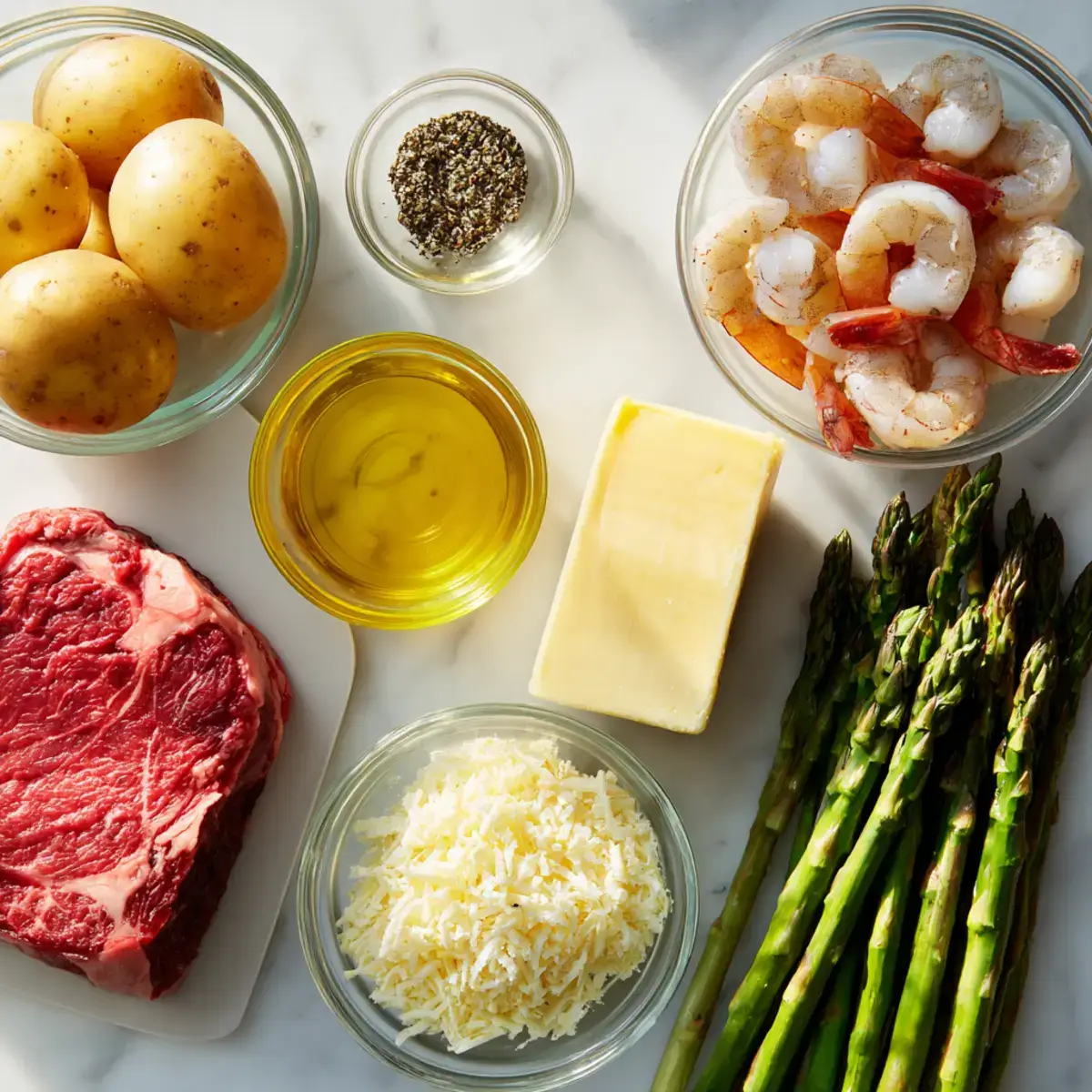 Ingredients for ribeye and loaded potato with shrimp and asparagus