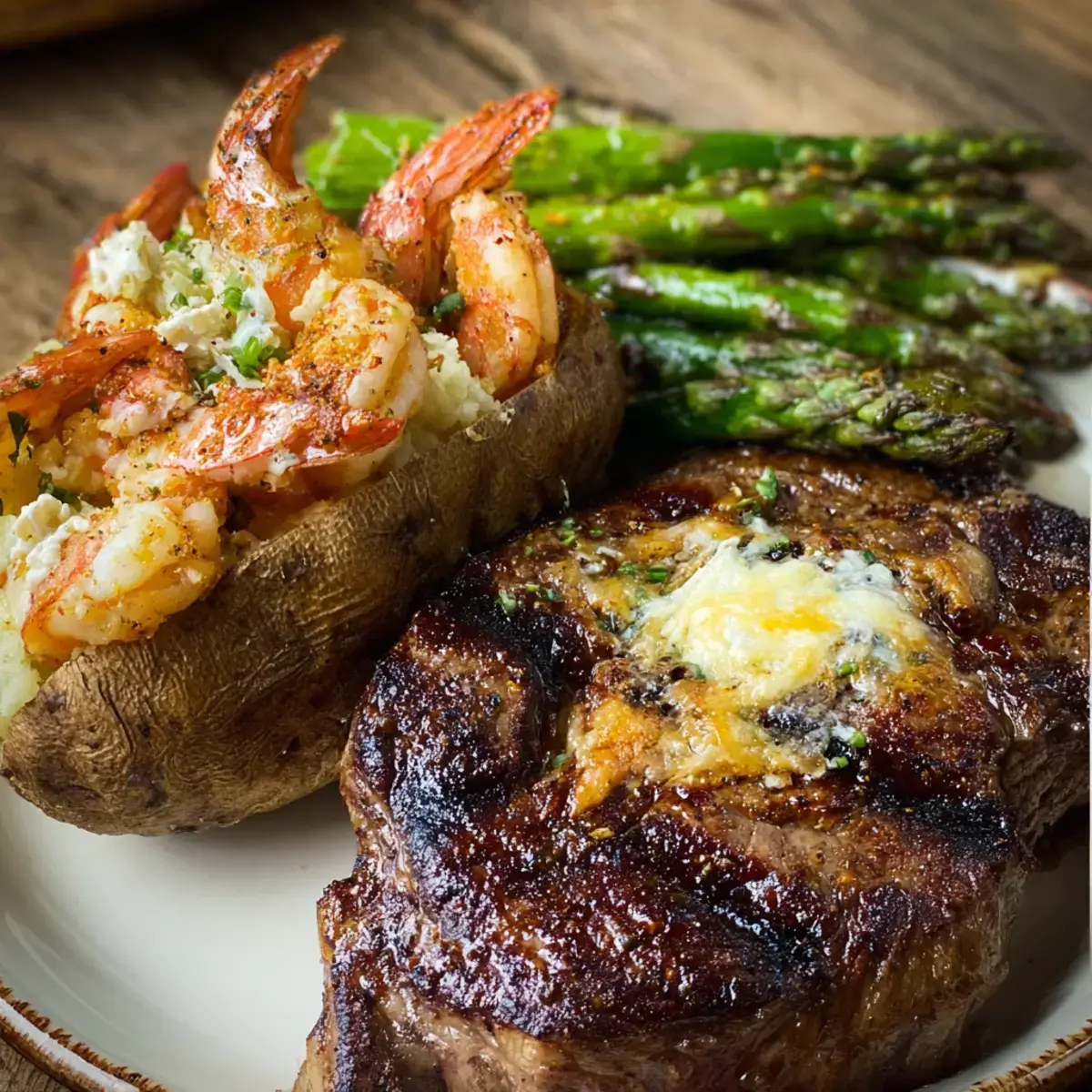 Ribeye and loaded potato with shrimp and asparagus dinner