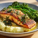salmon & garlic butter mash with broccolini dinner