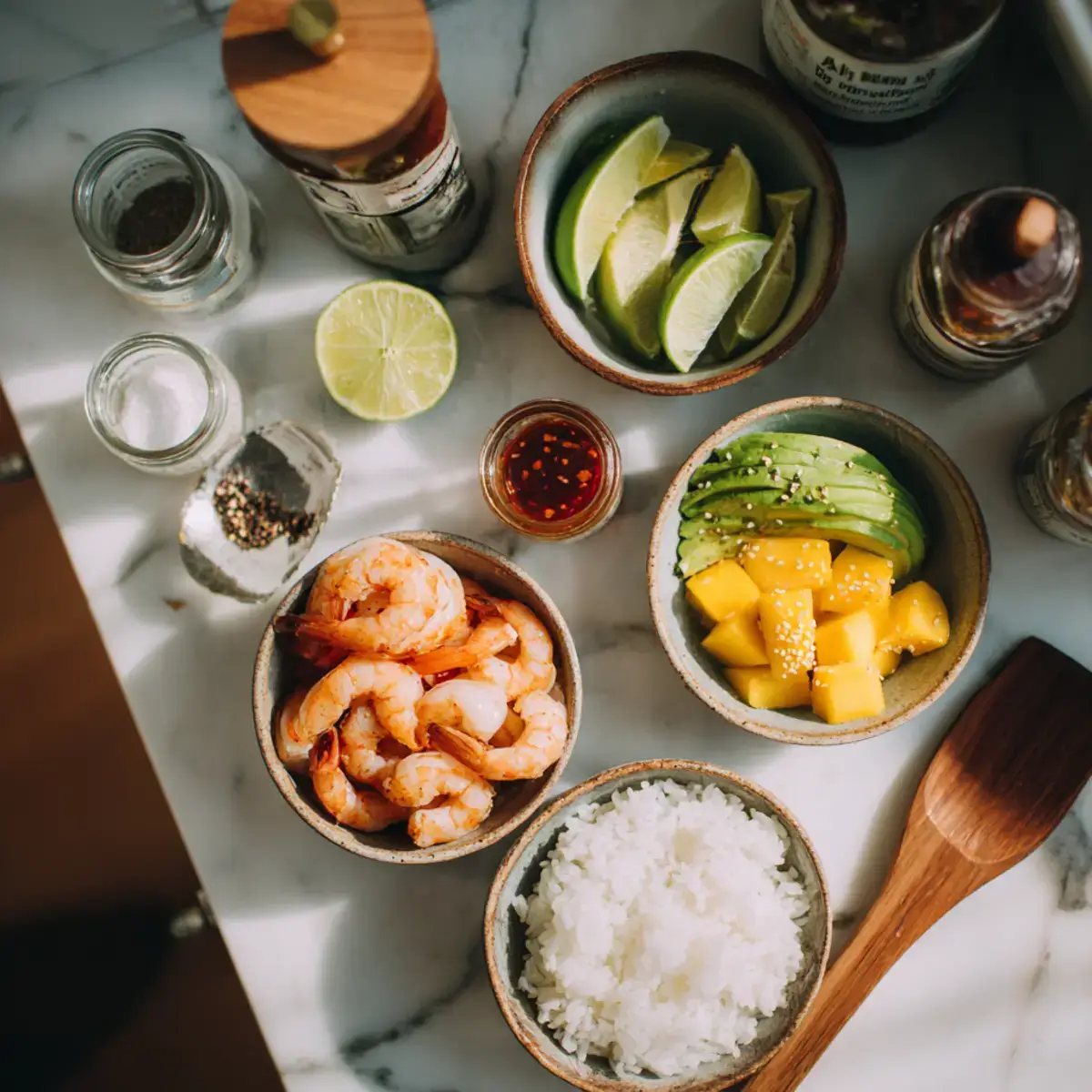 Ingredients for Shrimp and Avocado Bowls with Mango Salsa & Lime-Chili Sauce