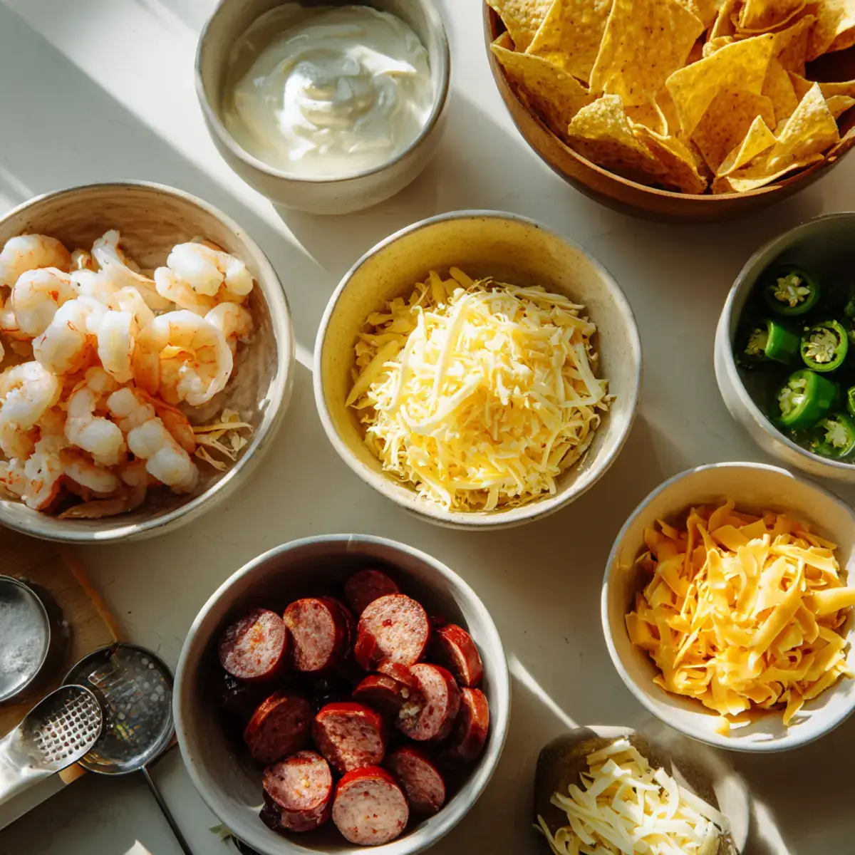 Ingredients for shrimp and sausage nachos drowned in creamy queso