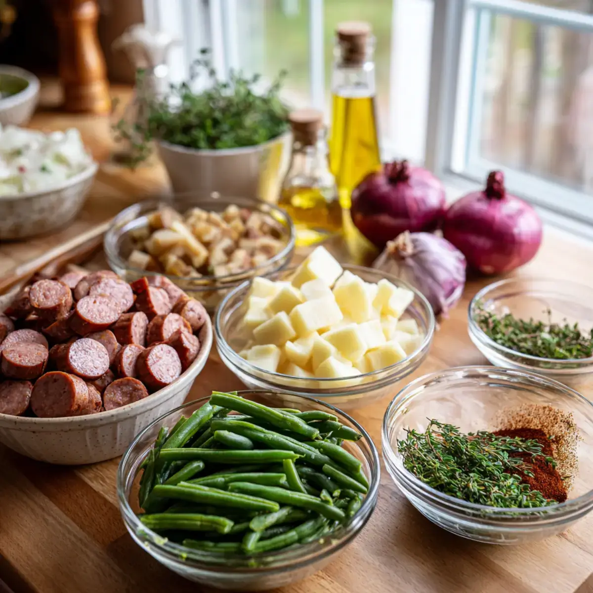 Ingredients for Smoked Sausage, Potato & Green Bean Skillet