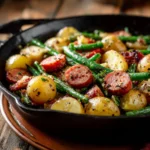 Smoked Sausage, Potato & Green Bean Skillet in cast-iron pan