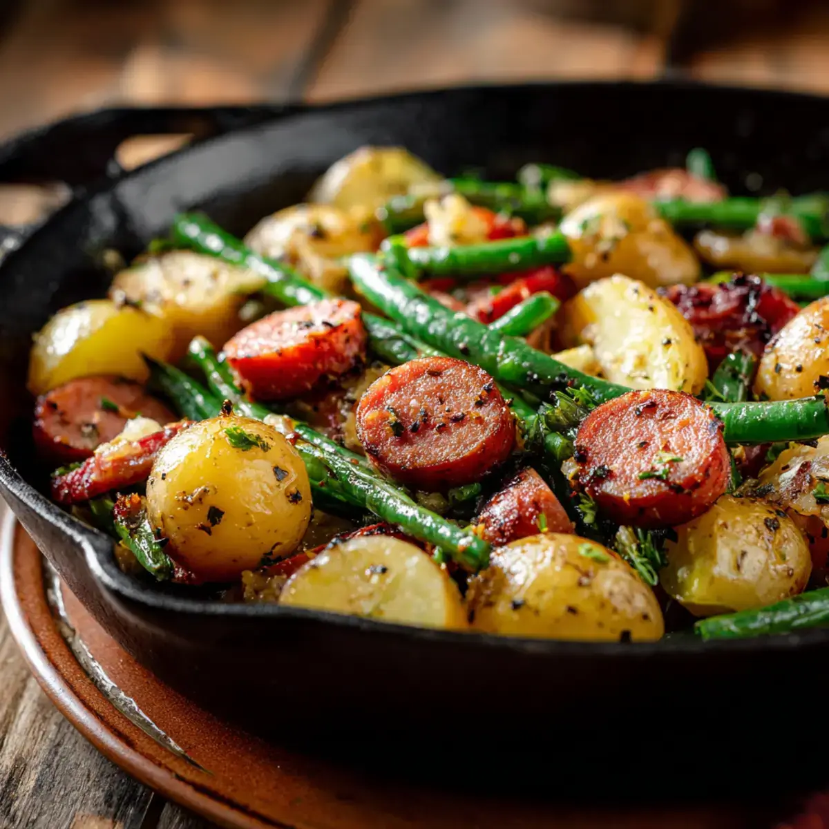 Smoked Sausage, Potato & Green Bean Skillet in cast-iron pan