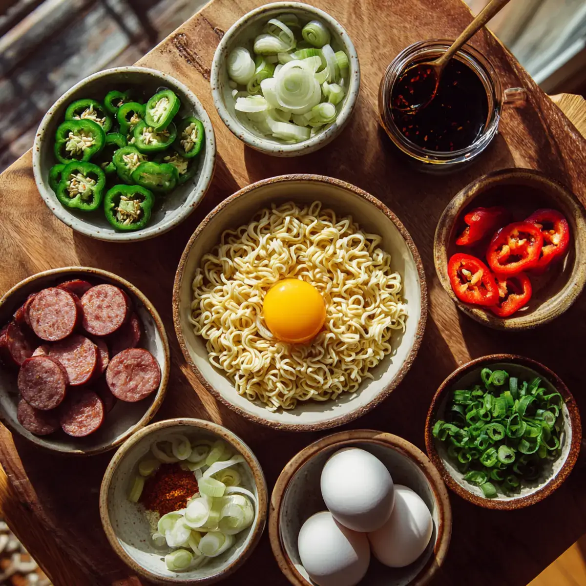 Ingredients for spicy cheddar jalapeño sausage noodle bowl