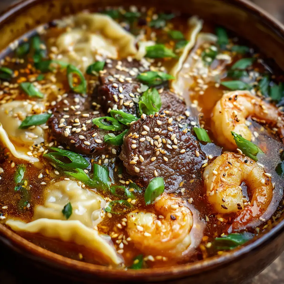 spicy steak & shrimp wonton soup close-up