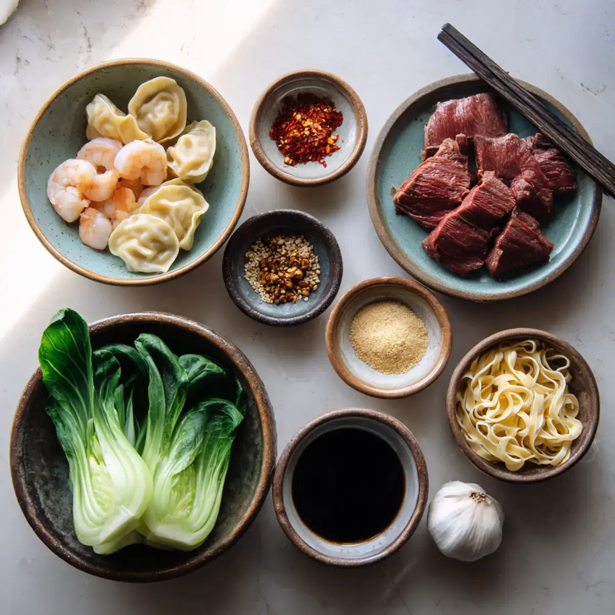 ingredients for spicy steak & shrimp wonton soup