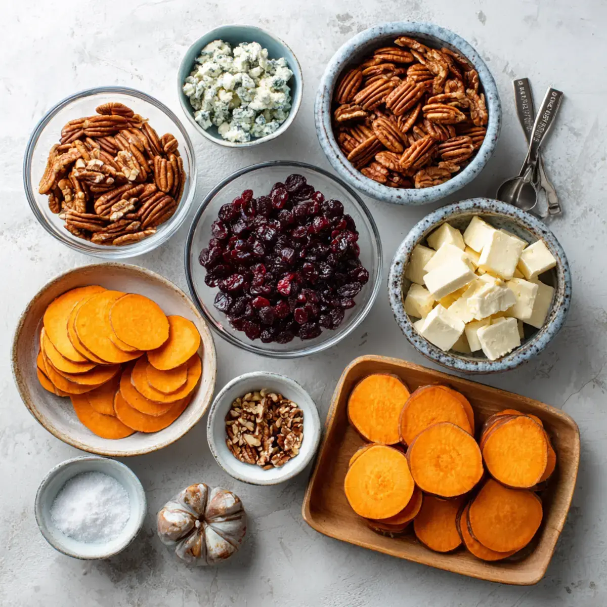Ingredients for Sweet Potato Rounds with Blue Cheese, Cranberry & Pecans