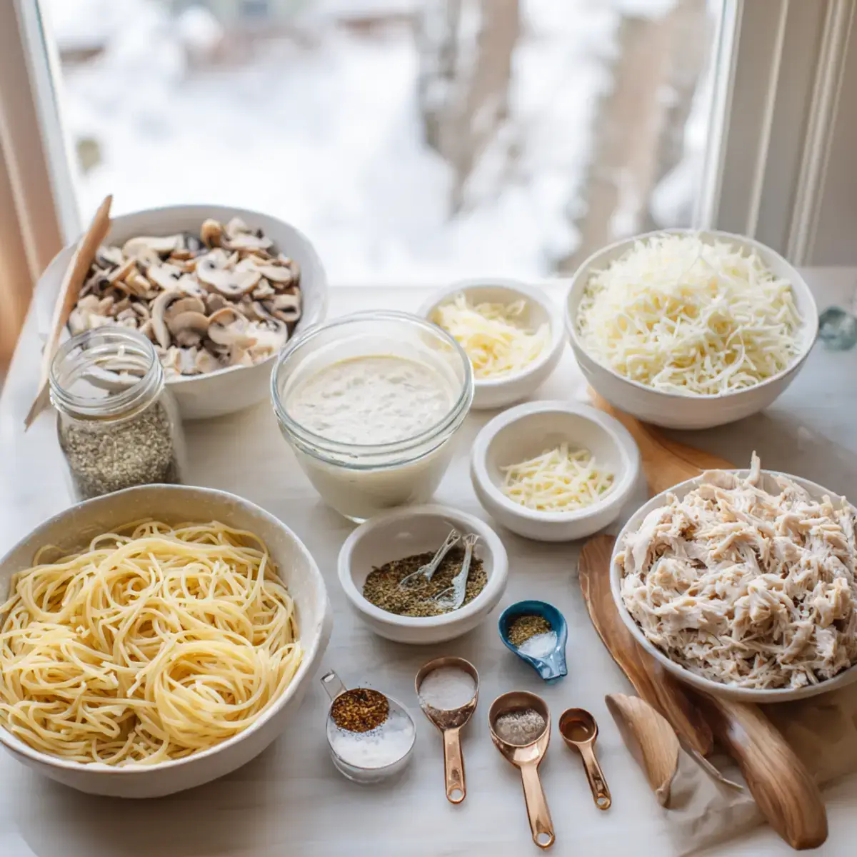 Ingredients for turkey tetrazzini recipe easy on countertop