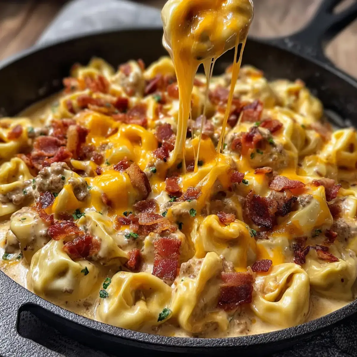 Bacon Cheeseburger Tortellini in skillet with melted cheese