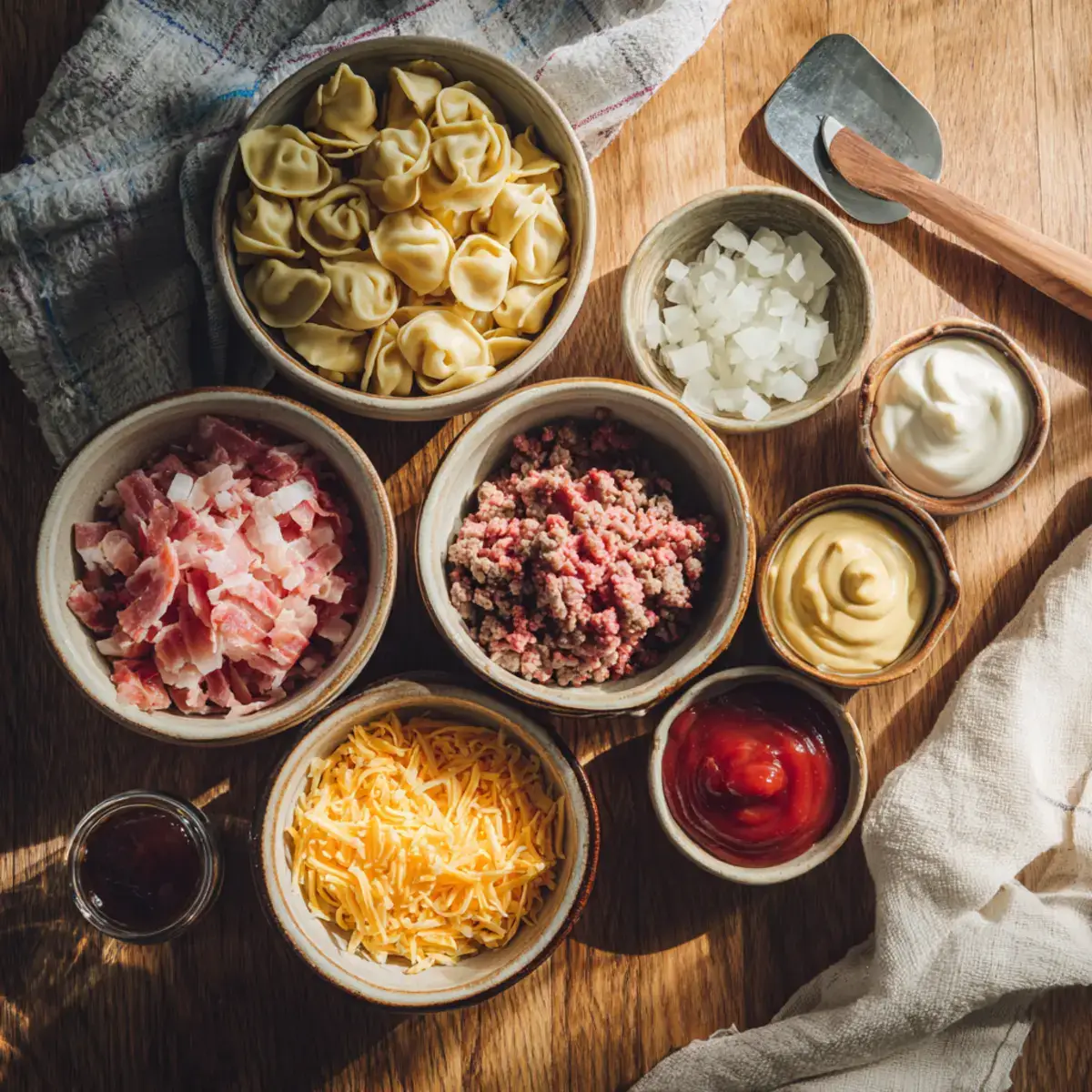 Bacon Cheeseburger Tortellini ingredients flat lay