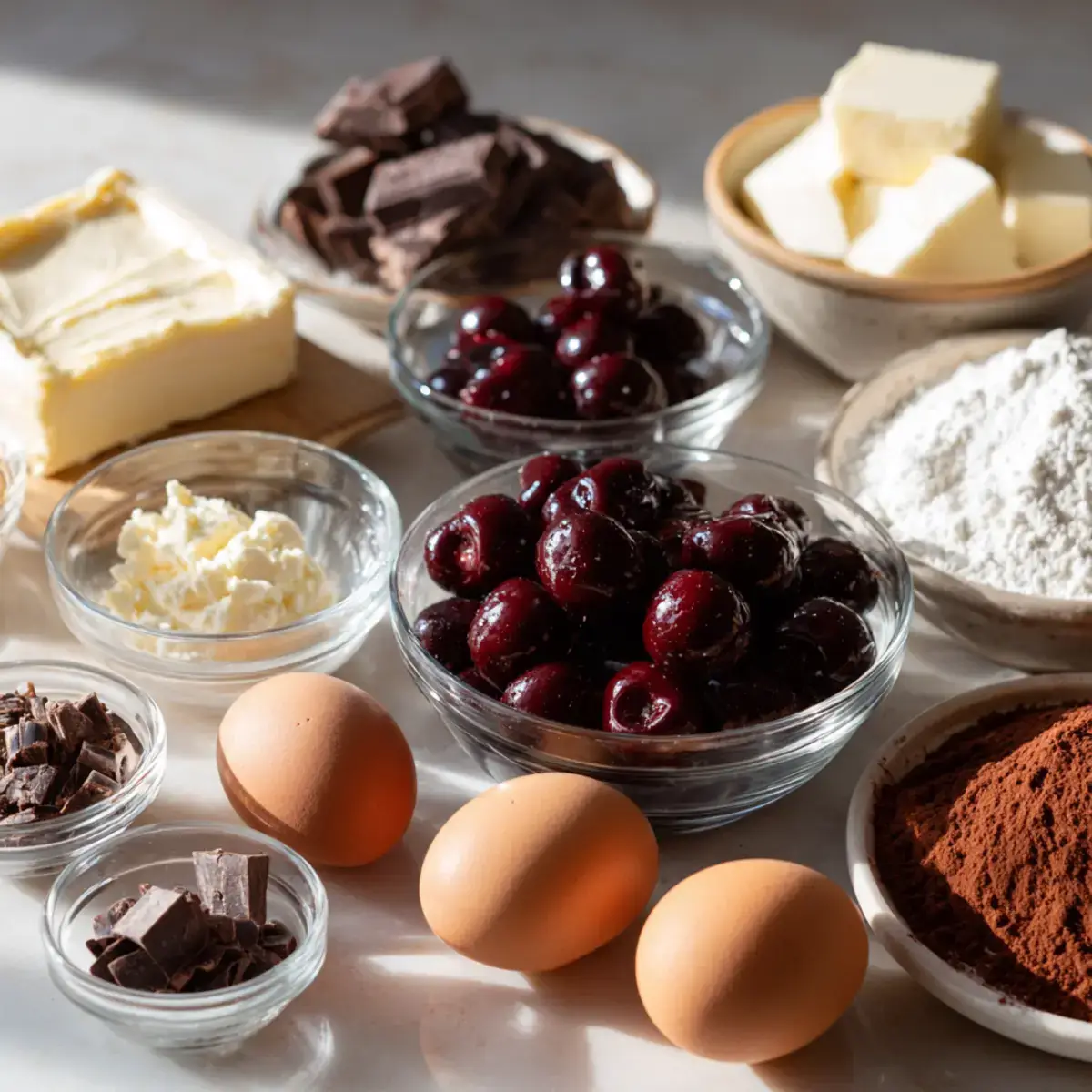 Ingredients for Black Forest Cheesecake Symphony laid out on countertop