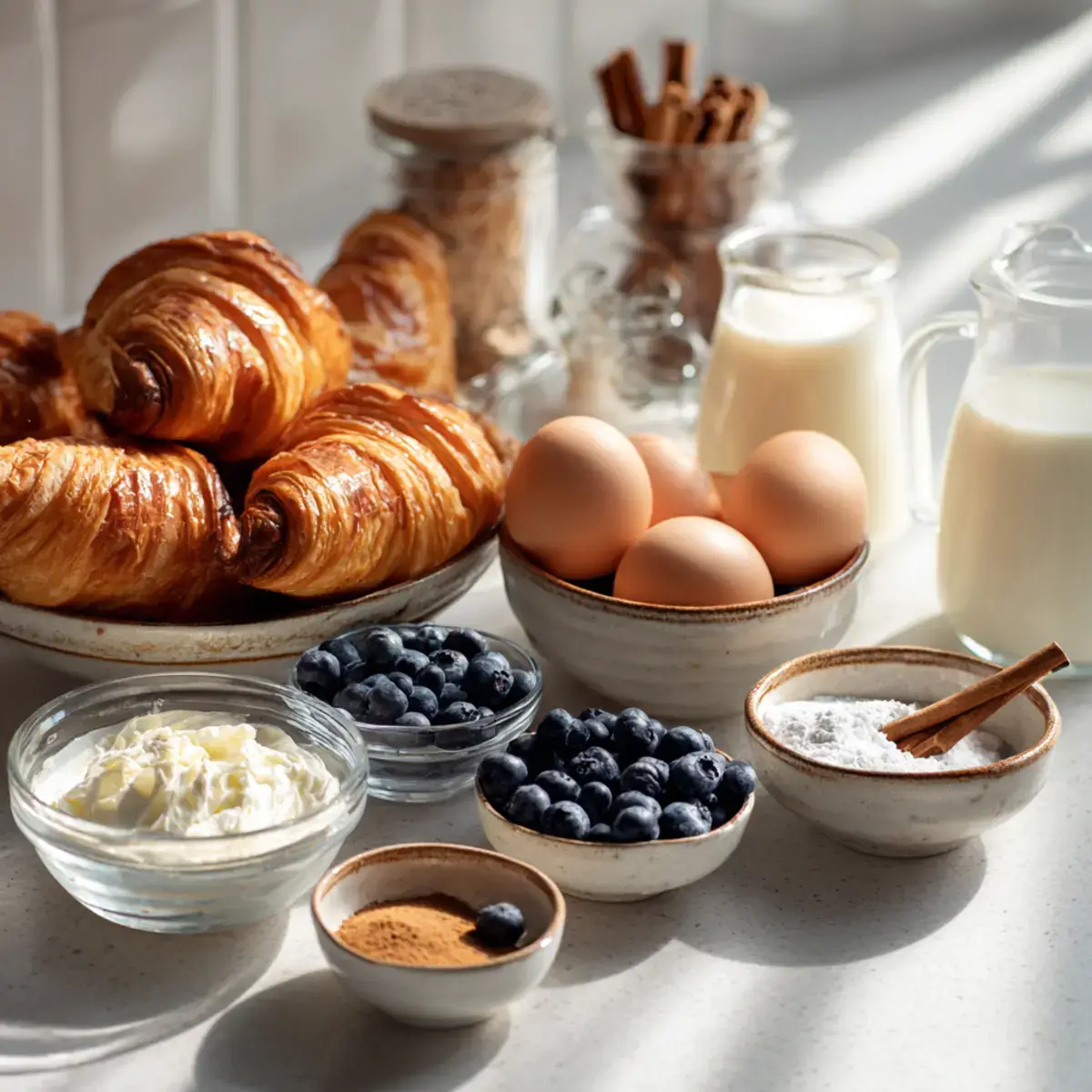 Blueberry Croissant French Toast Bake ingredients flat lay