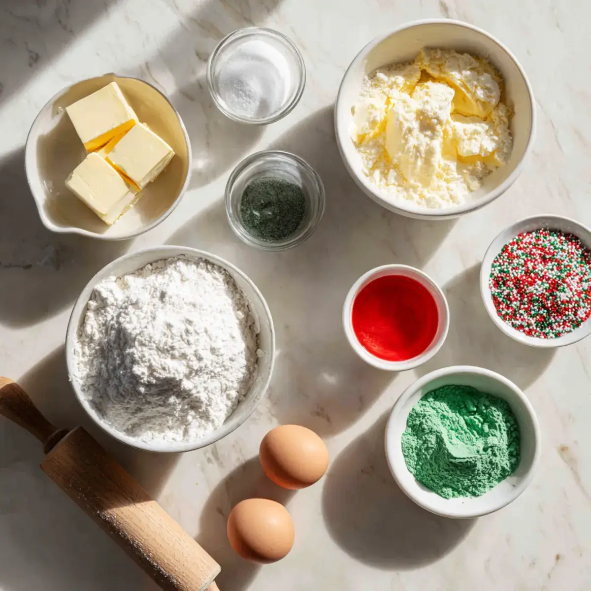Christmas pinwheel cookie ingredients flatlay