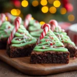 Christmas tree brownies decorated with green frosting and candy canes