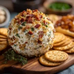 Cowboy Cream Cheese Ball coated with bacon and herbs on serving board