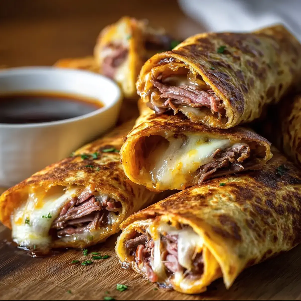 French Dip Tortilla Roll Ups with au jus dip