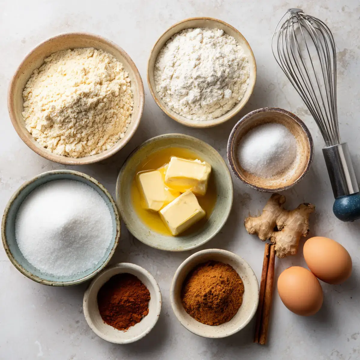 Gingersnap cookie ingredients in bowls