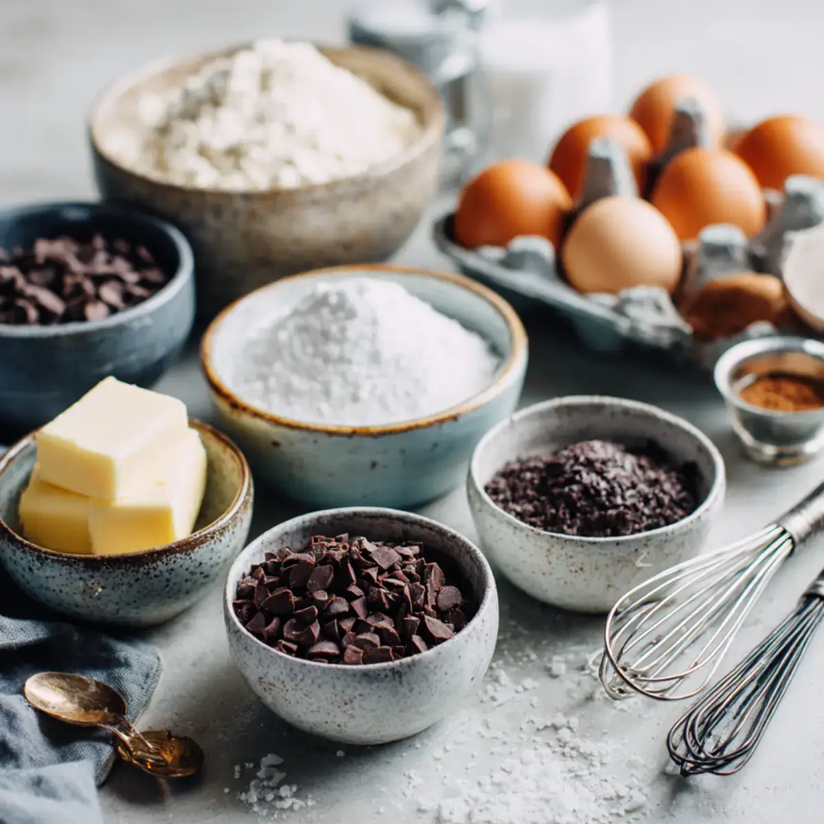 Gooey Brownie Pie ingredients flat lay