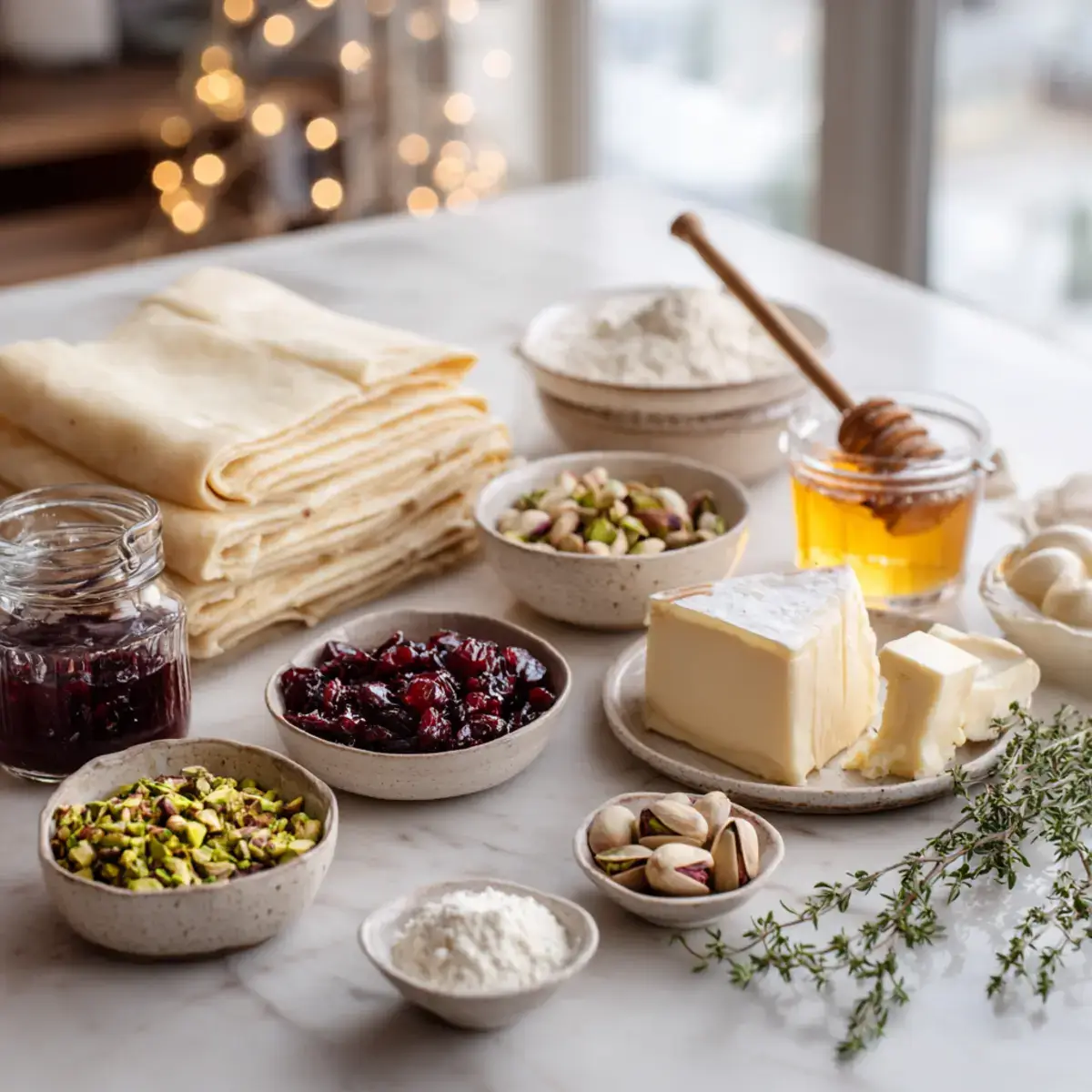 Ingredients for Golden Christmas Tree Puff Pastry with Brie, Cranberries & Pistachios