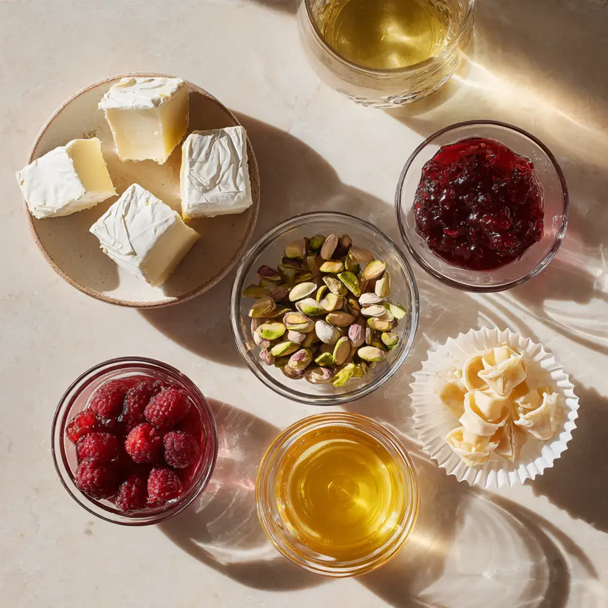 Ingredients for Pistachio-Crusted Brie Bites with Raspberry Honey Glaze