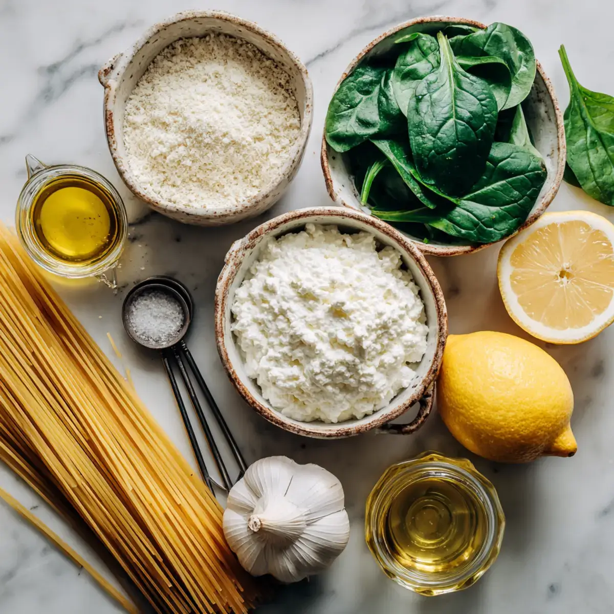 ingredients for zesty lemon ricotta and spinach pasta