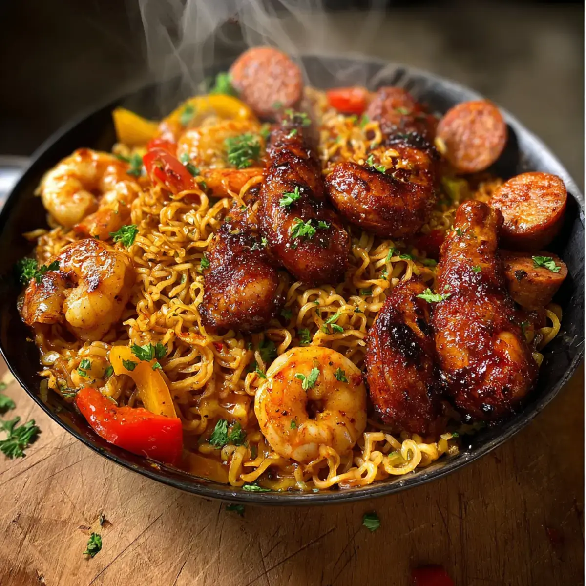 Jambalaya noodles with Cajun BBQ wings and shrimp