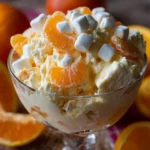 Orange Dreamsicle Salad with mandarins and marshmallows in a glass bowl