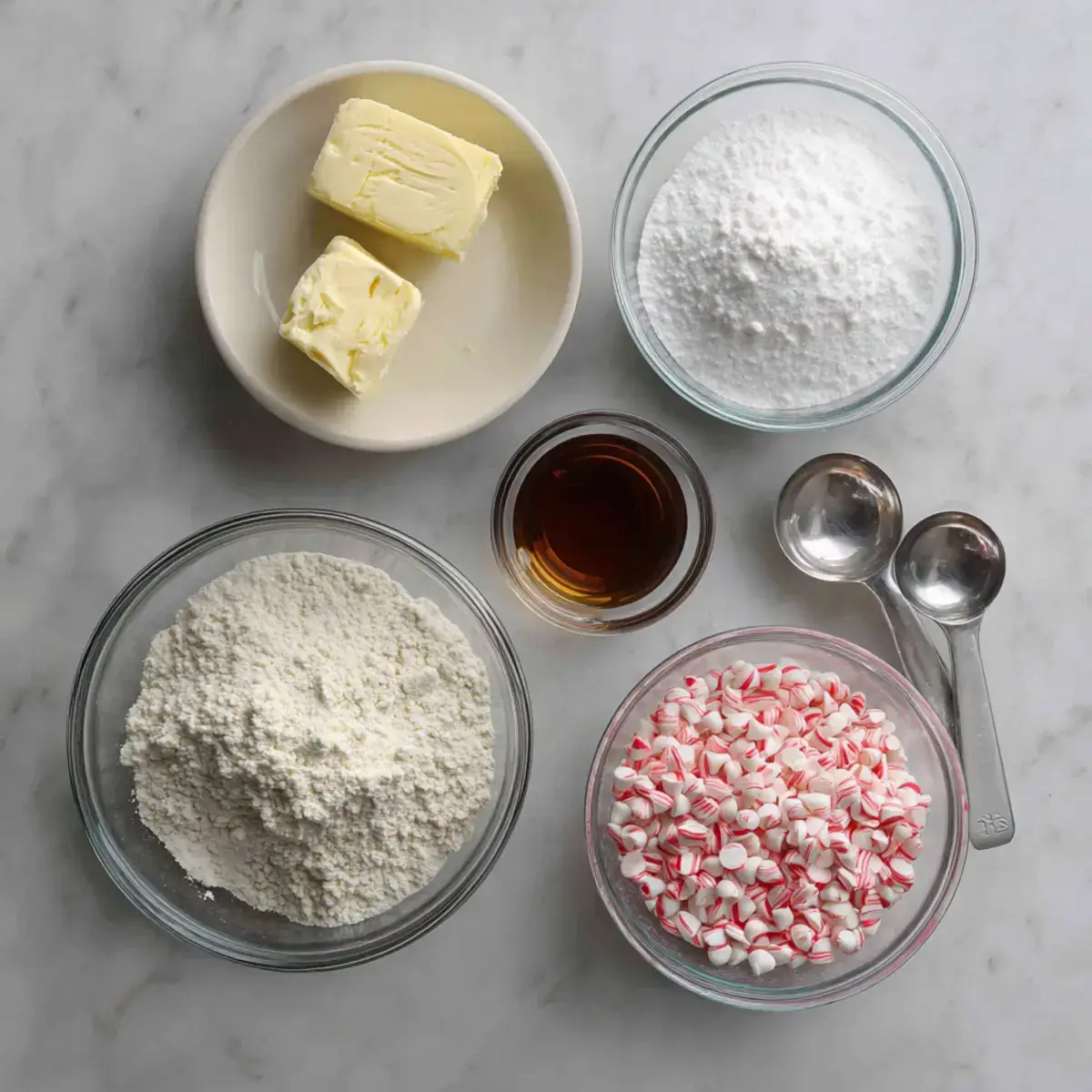 Peppermint Snowball Cookies ingredients flat lay