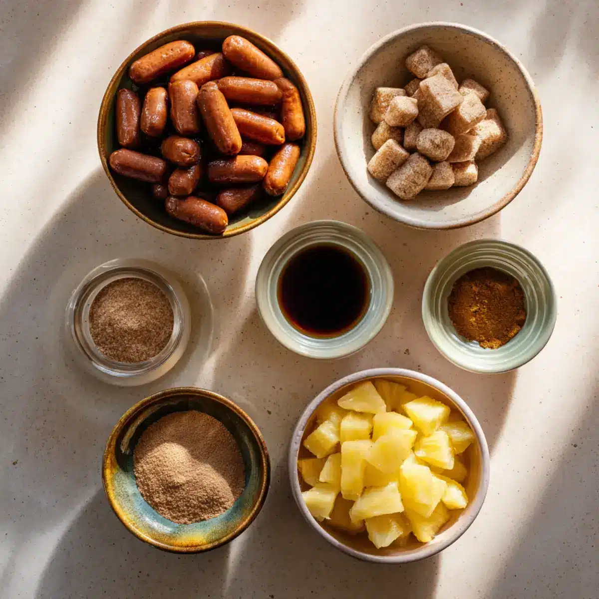 Pineapple Brown Sugar Lil’ Smokies ingredients flat-lay