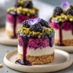 Pistachio & Blackberry Cheesecake Towers no-bake dessert featured