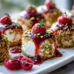 Pistachio-Crusted Brie Bites with Raspberry Honey Glaze