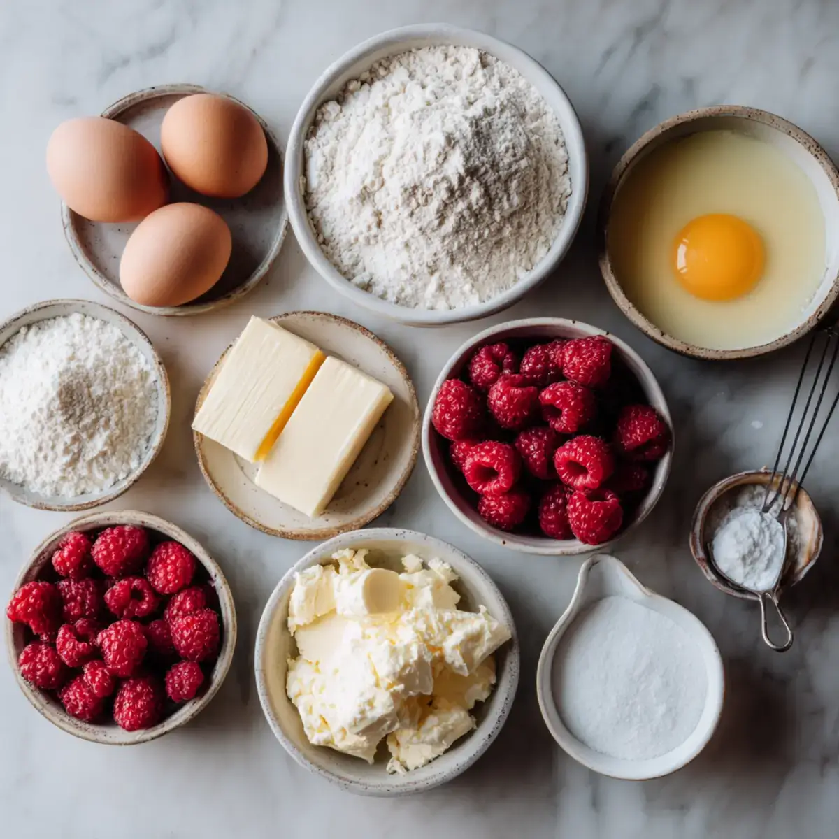 Raspberry Cheesecake Stuffed Donuts ingredients flat lay