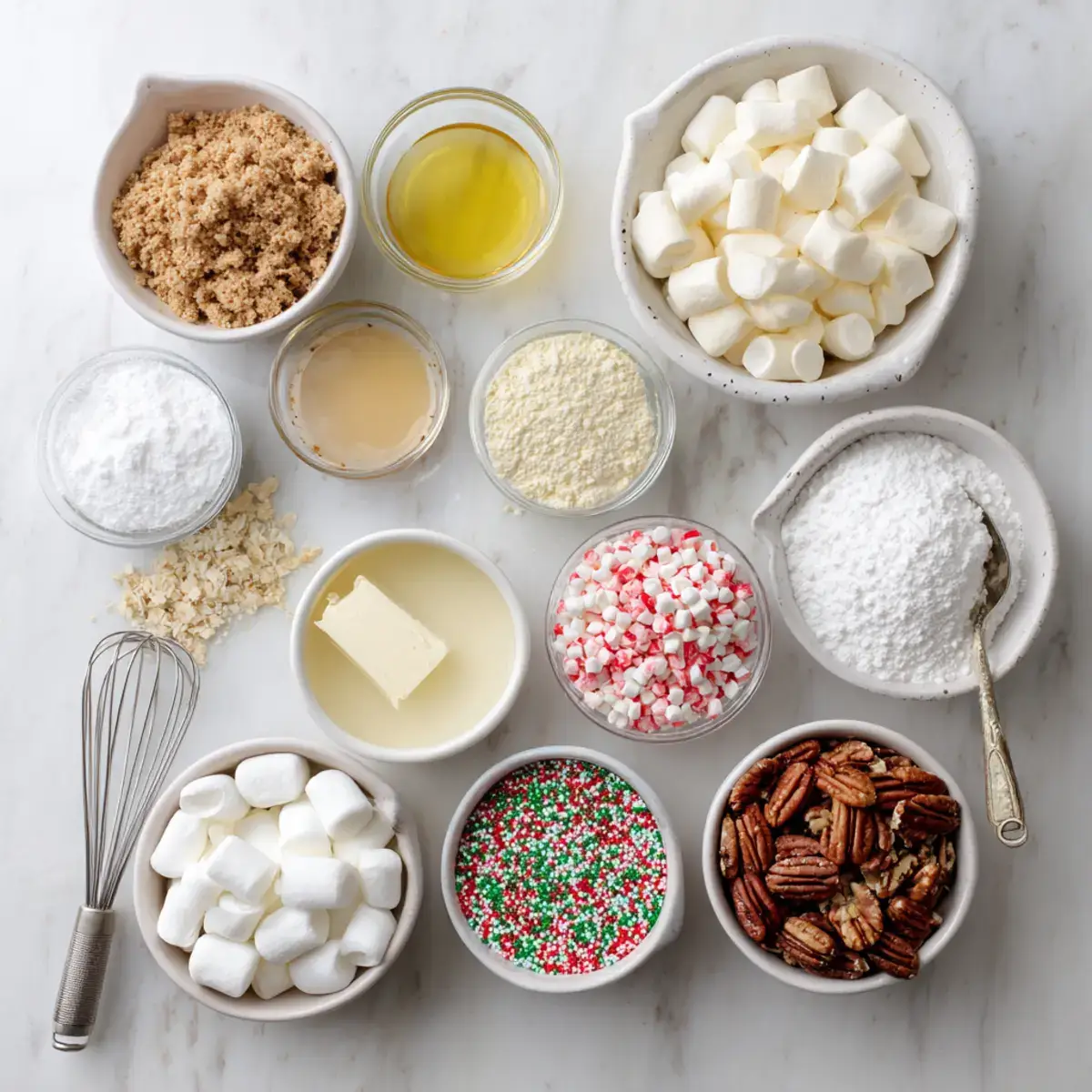 Santa’s No-Bake Sugar Cookie Bars ingredients flat lay