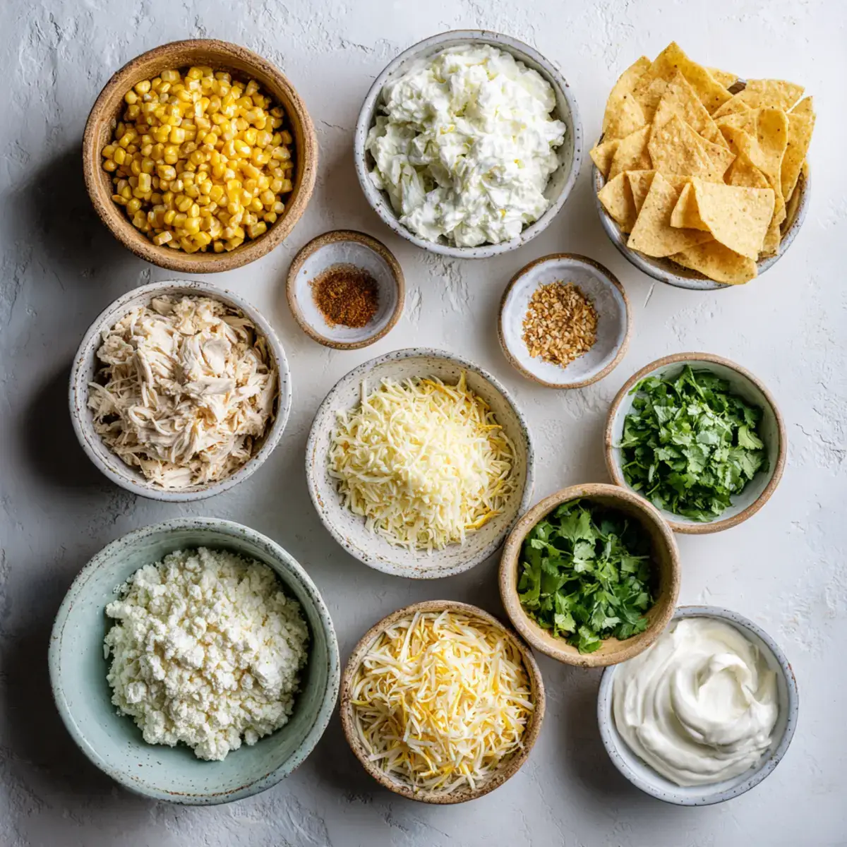 Ingredients for Street Corn Chicken Casserole on countertop