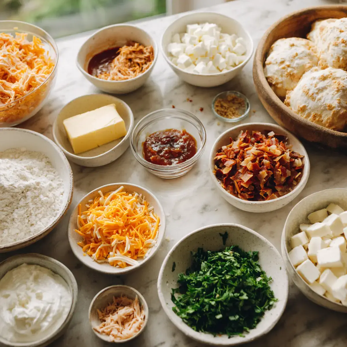 Ingredients for Buffalo Chicken Bacon Loaded Mozzarella Bombs
