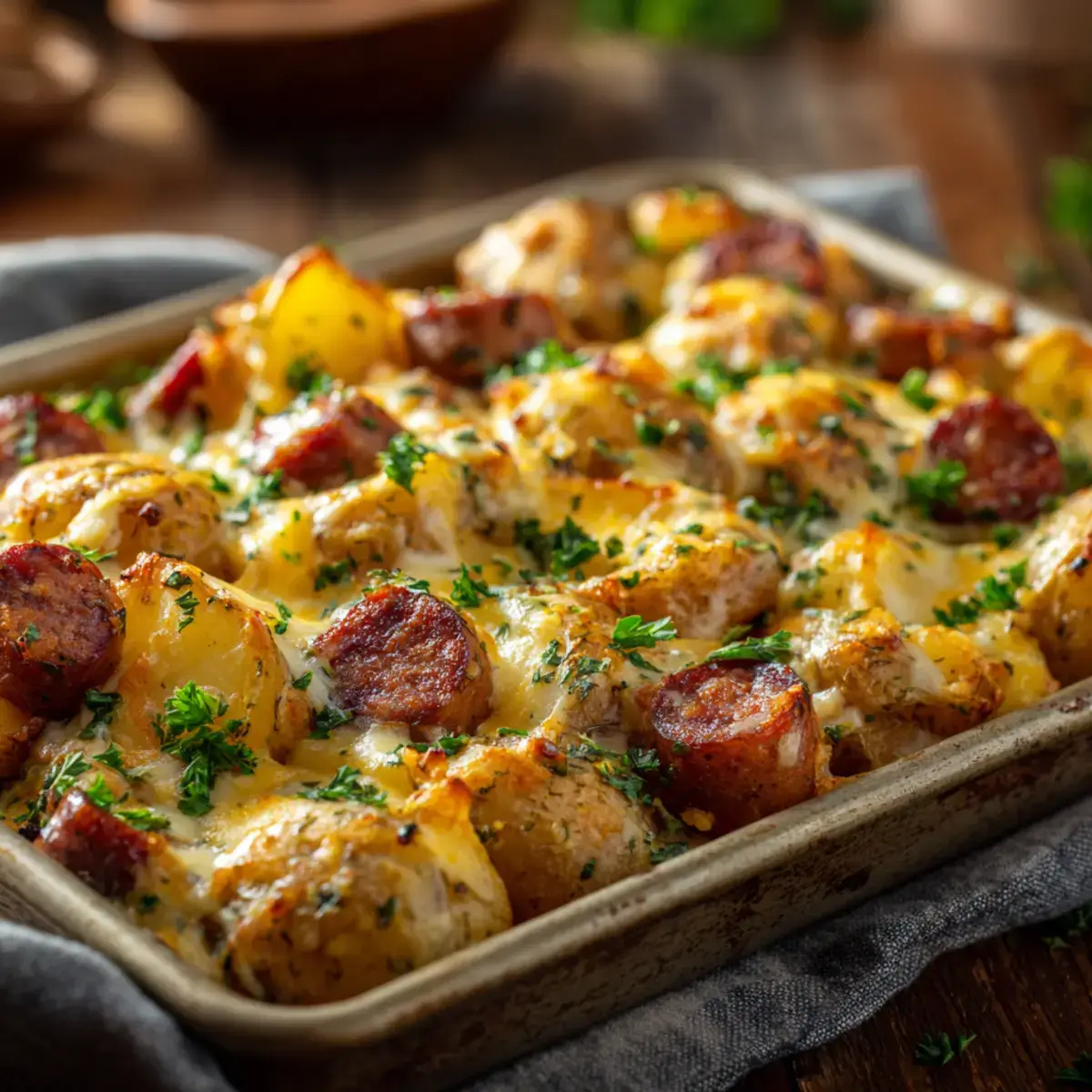 Cheesy Ranch Potatoes and Smoked Sausage baked with golden cheese