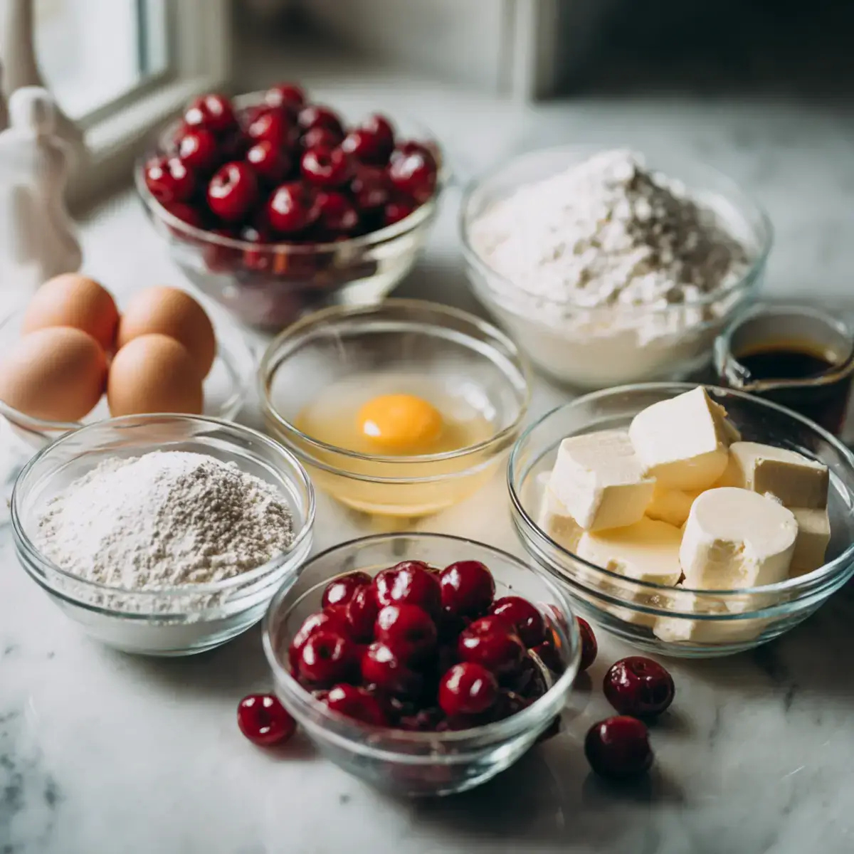 Cherry Garcia Loaf Cake ingredients arranged on kitchen counter