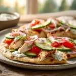 Creamy Greek Chicken Flatbread with Tzatziki, Cucumbers, Tomatoes & Red Onion