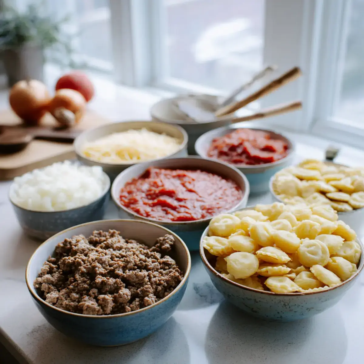 Crockpot Ravioli Lasagna ingredients flat lay