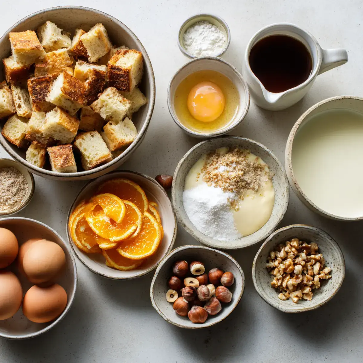 Ingredients for Espresso Orange Brioche Bread Pudding with Hazelnut Vanilla Sauce