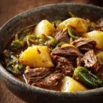 Hearty Beef with Green Chile & Potatoes in a rustic bowl