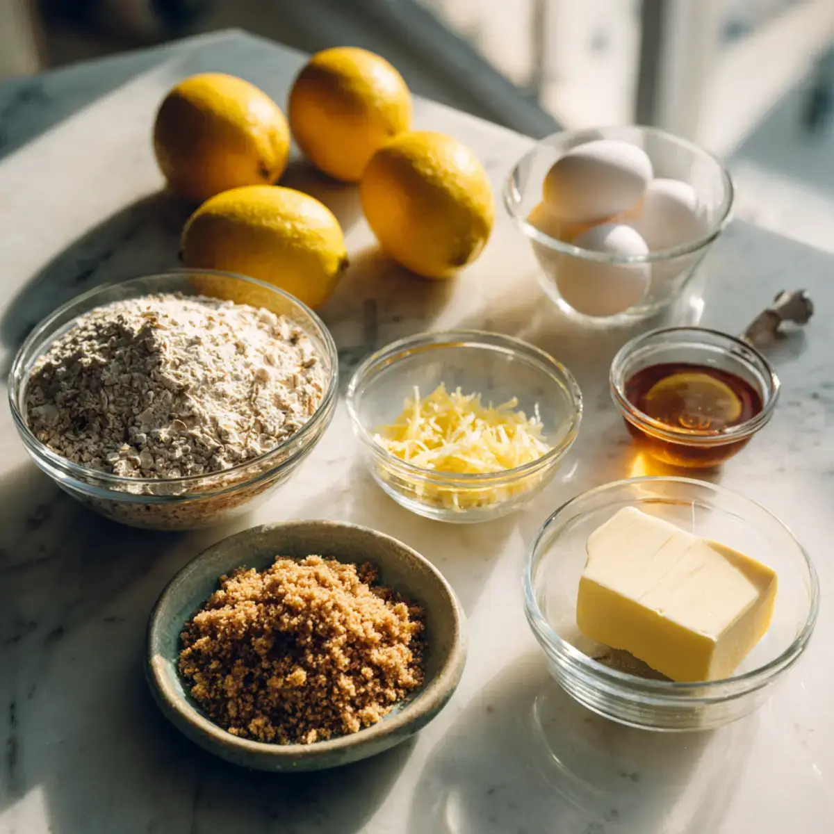 Lemon crumb bars ingredients displayed in glass bowls