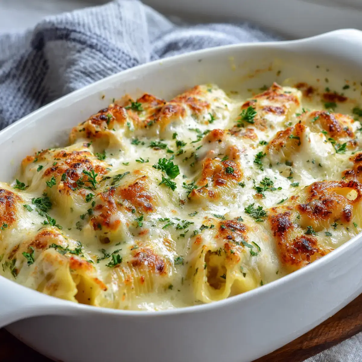 Million Dollar Chicken Alfredo Stuffed Shells baked with creamy cheese